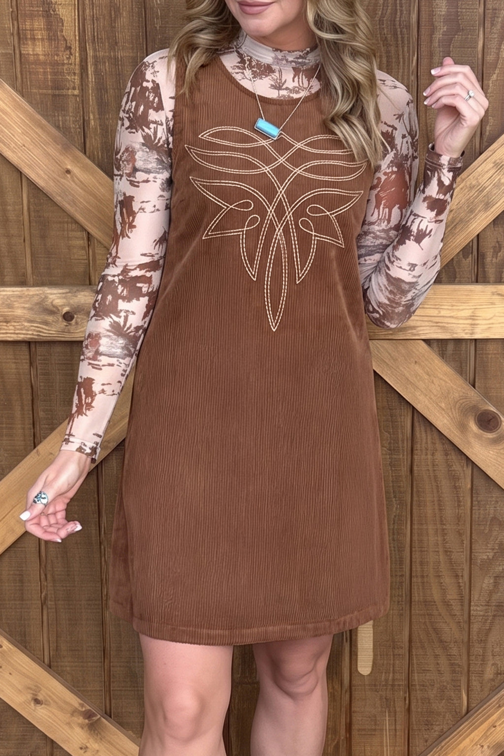 Coffee Geometric Embroidery Sleeveless Corduroy Shift Dress Online Only