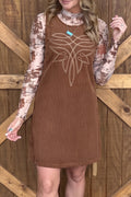 Coffee Geometric Embroidery Sleeveless Corduroy Shift Dress Online Only