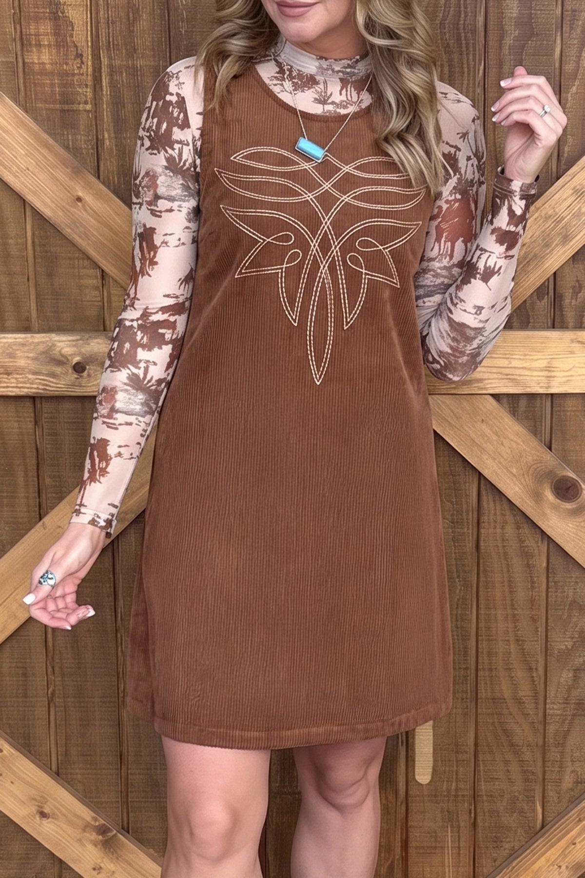 Coffee Geometric Embroidery Sleeveless Corduroy Shift Dress Online Only