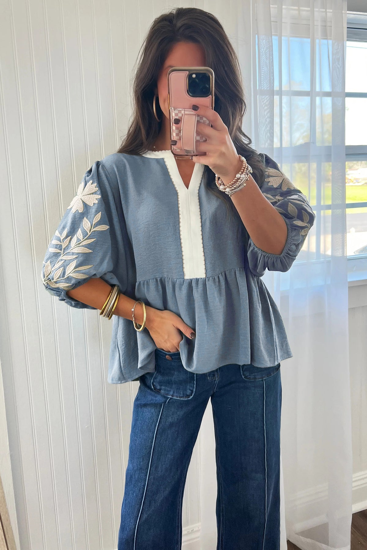 Myosotis Color Block Patchwork V Neck Embroidered Puff Sleeve Babydoll Blouse Online Only