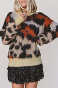 Khaki Leopard Print Drop Shoulder Long Sleeve Round Neck Sweater Online Only