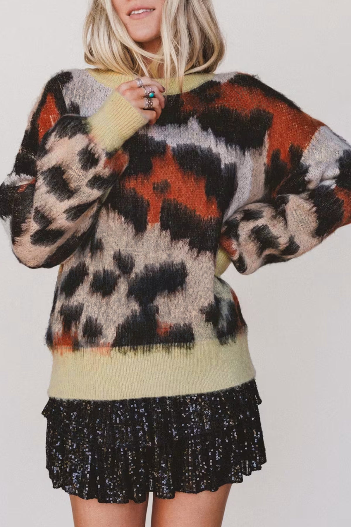 Khaki Leopard Print Drop Shoulder Long Sleeve Round Neck Sweater Online Only