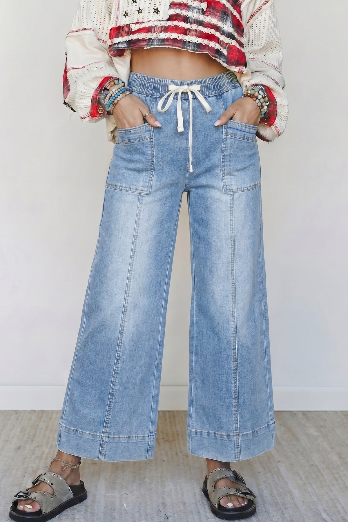 Beau Blue Drawstring Waist Wide Leg Ankle Length Jeans Online Only