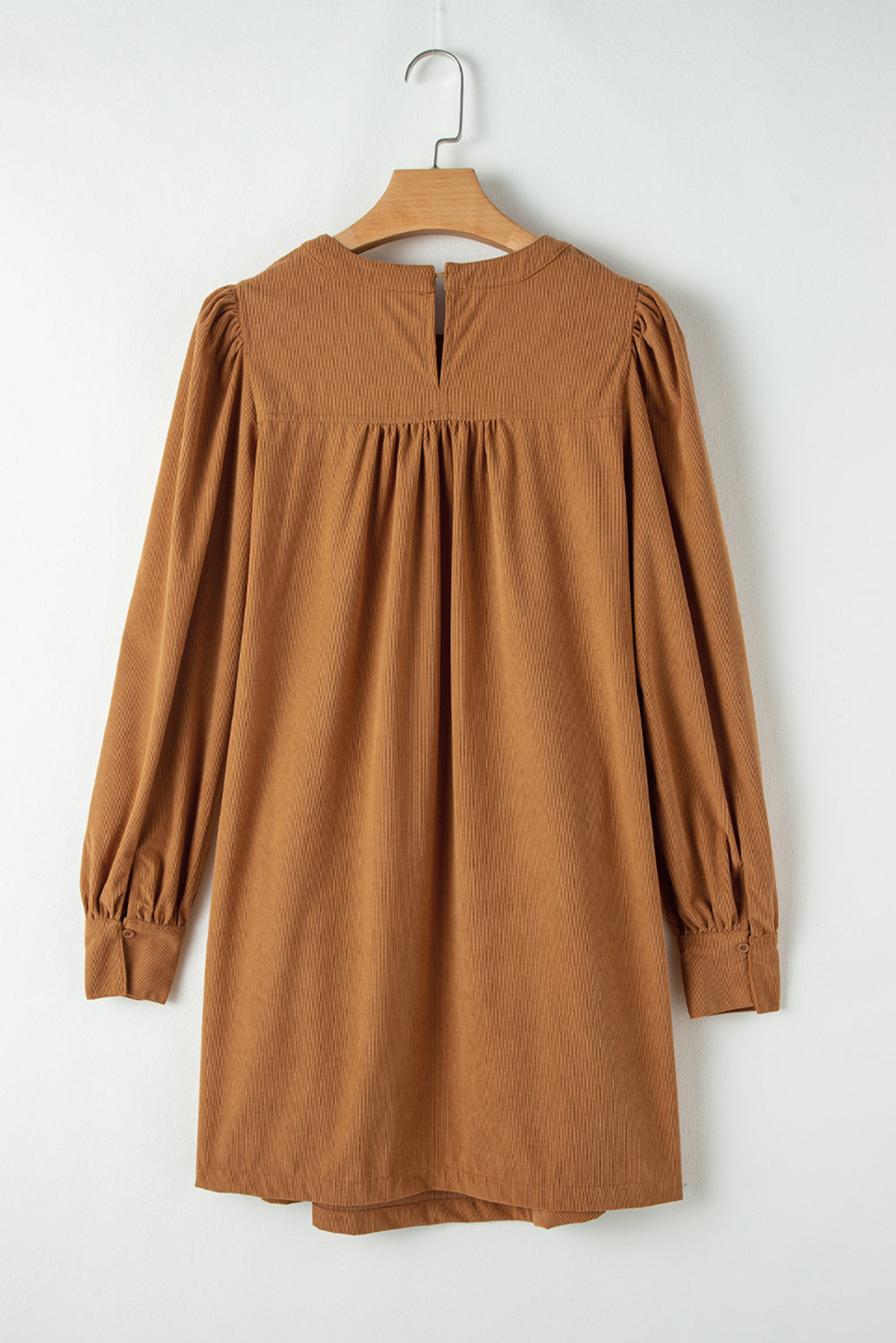 Desert Gold Corduroy Pleated Puff Sleeve Shift Short Dress Online Only