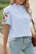Sky Blue Stripe Floral Embroidered Puff Sleeve Ruffle Trim Shirt Online Only