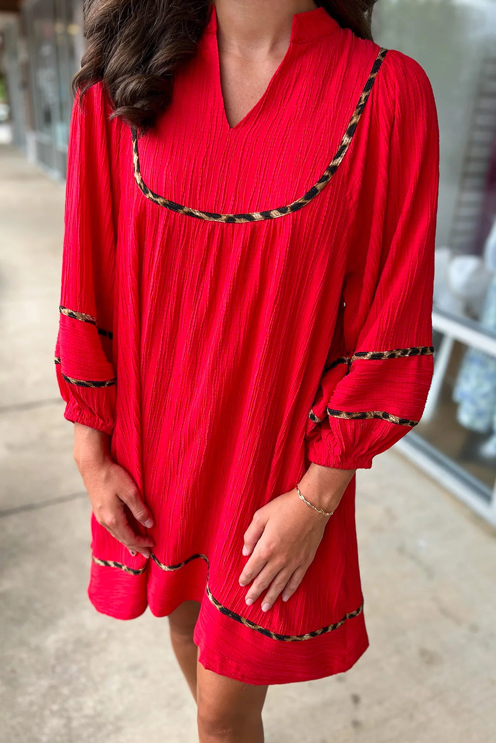 Fiery Red Textured V Neck Leopard Contrasted Trim Long Sleeve Shift Mini Dress Online Only