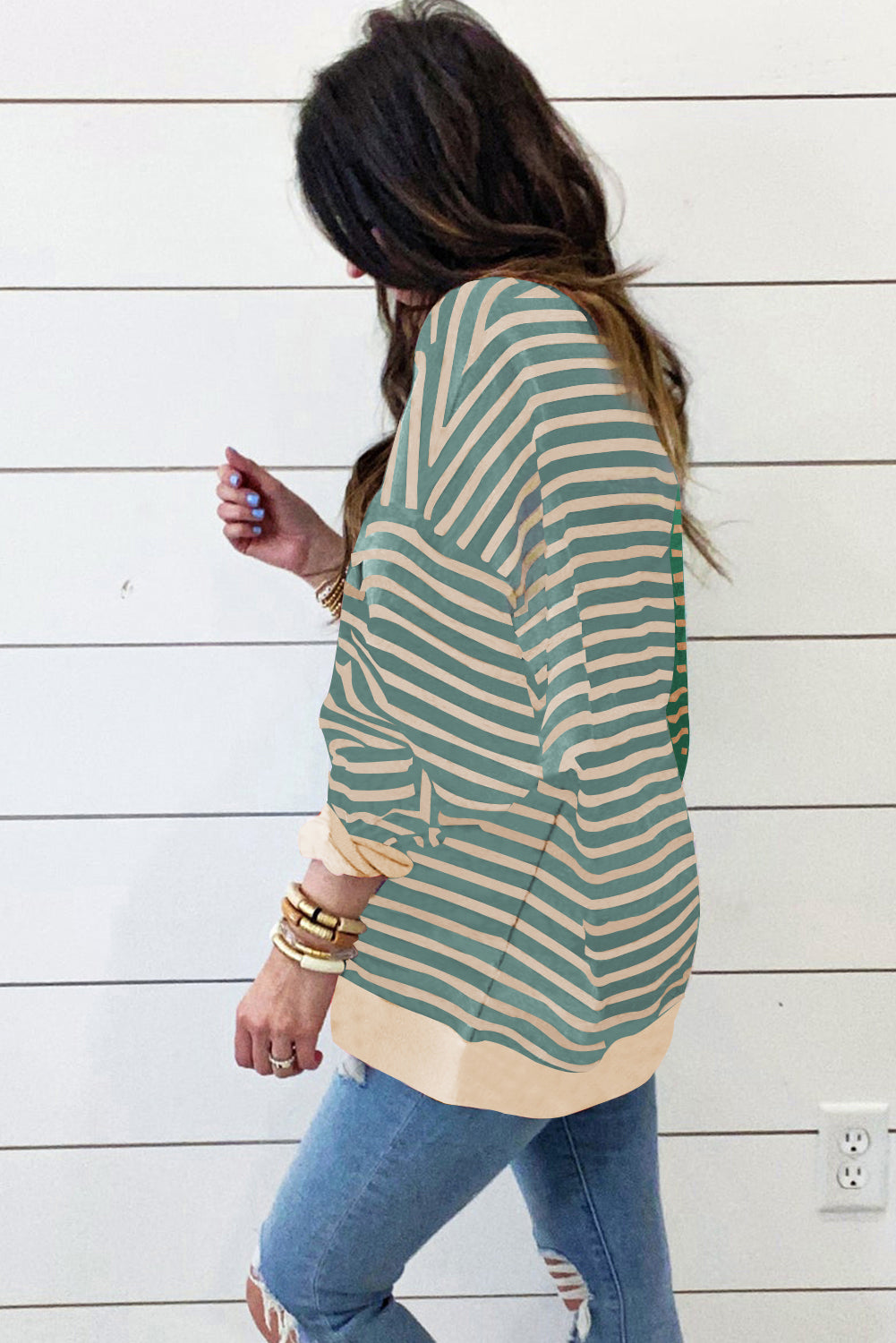 Brown Stripe Casual Stripe Colorblock Drop Shoulder Oversize Sweatshirt Online Only