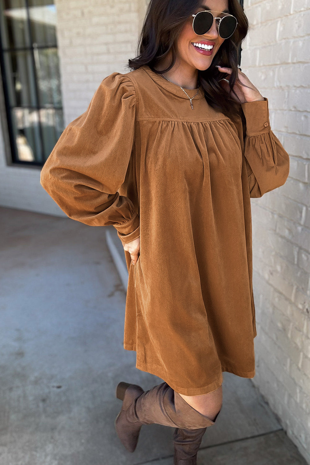 Desert Gold Corduroy Pleated Puff Sleeve Shift Short Dress Online Only
