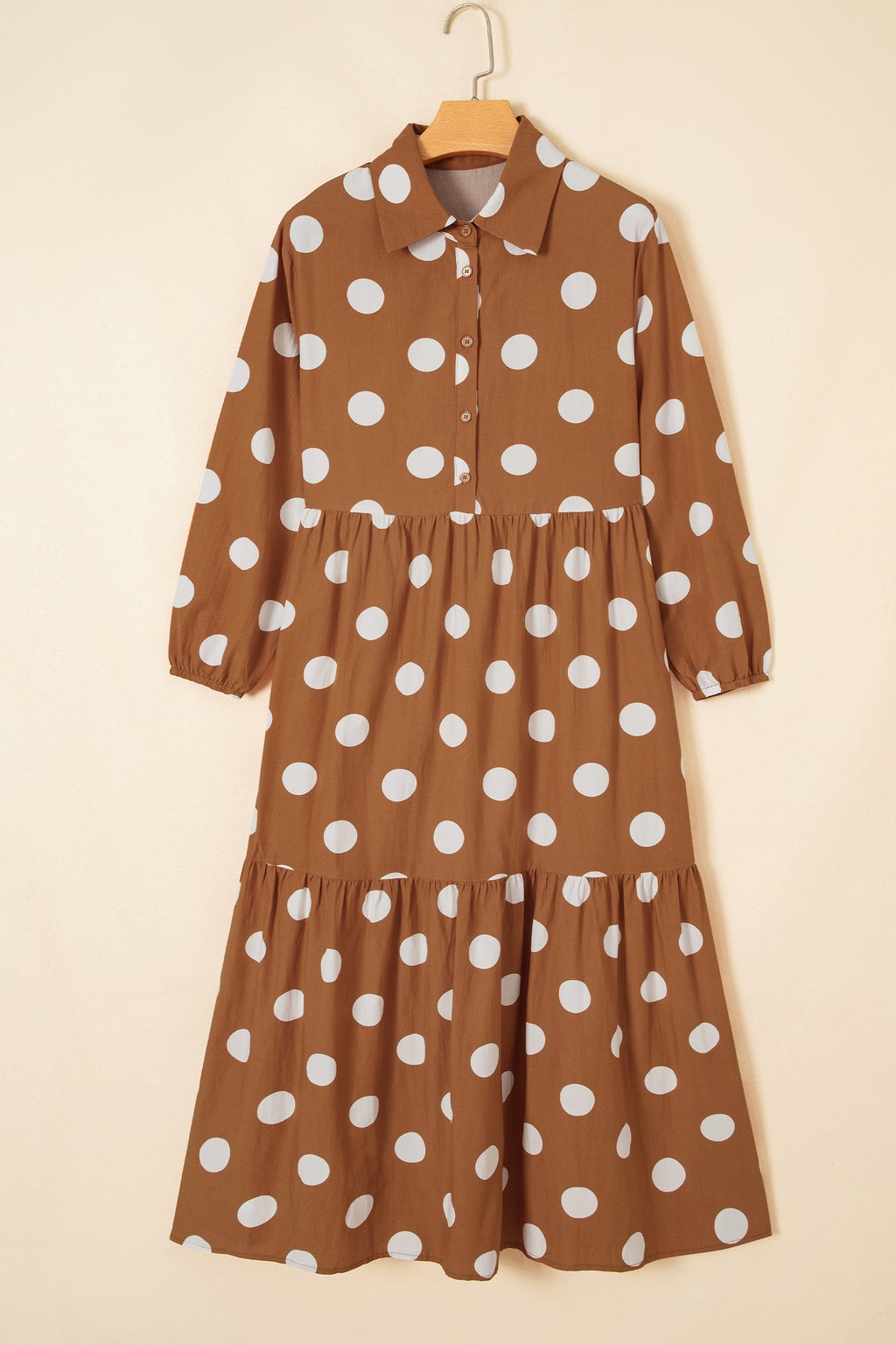 Brown Polka Dot Button Front Long Sleeve Shift Dress Online Only