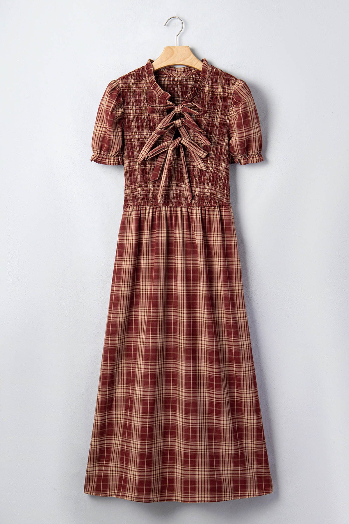 Red Vintage Plaid Knot Front Smocked High Waist Midi Dress- Online Only