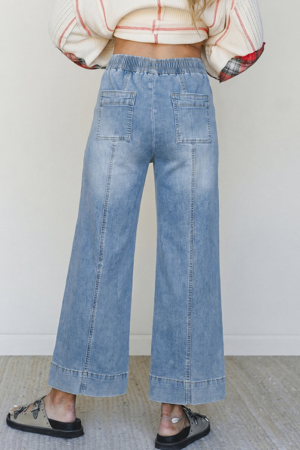 Beau Blue Drawstring Waist Wide Leg Ankle Length Jeans Online Only