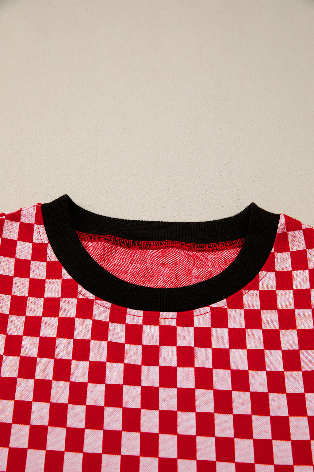 Red Checkered Print Ruffle Short Sleeve Contrast Trim Round Neck Top Online Only