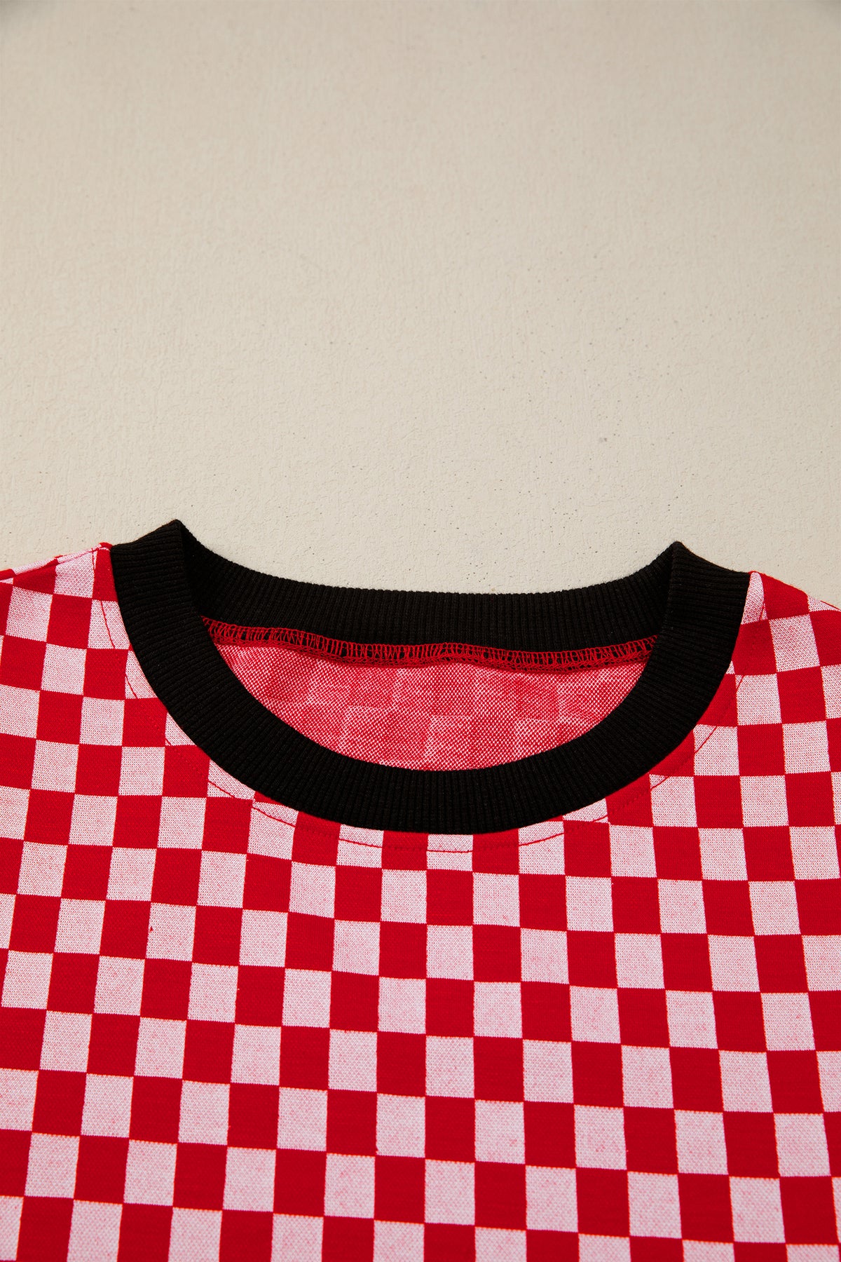Red Checkered Print Ruffle Short Sleeve Contrast Trim Round Neck Top Online Only