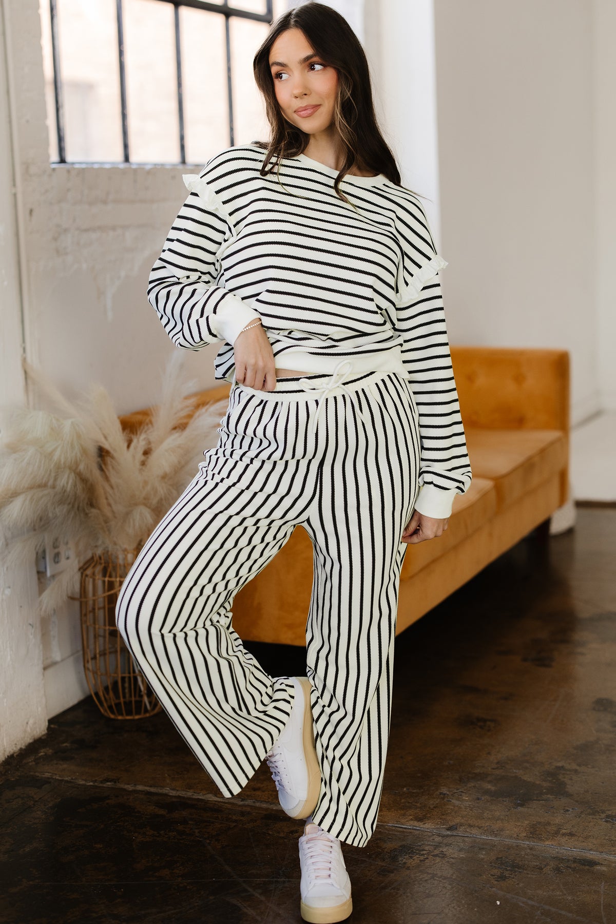 White Stripe Ruffle Trim Drop Shoulder Top Drawstring Loose Pant Set Online Only
