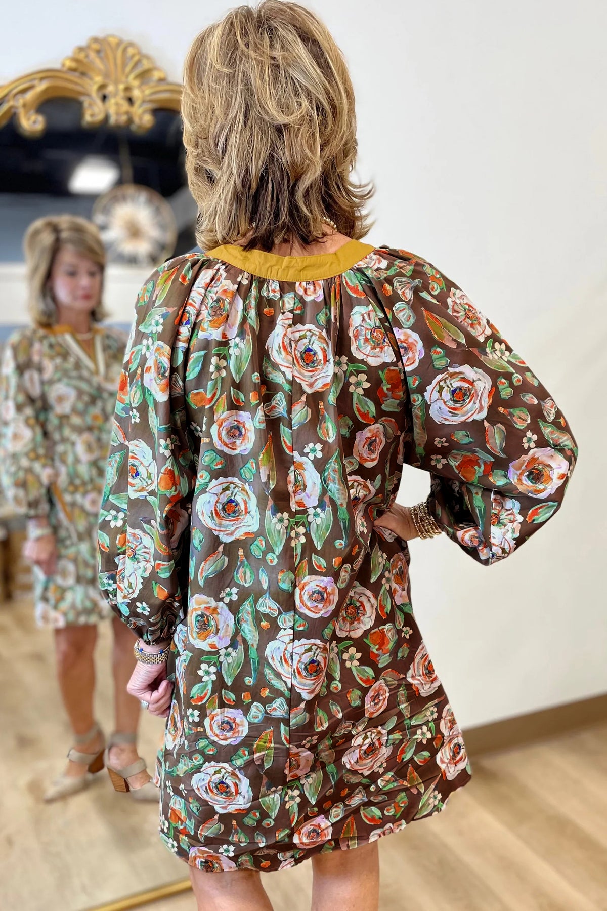 Brown Floral Print Contrast Trim V Neck Pocketed Long Sleeve Mini Dress Online Only