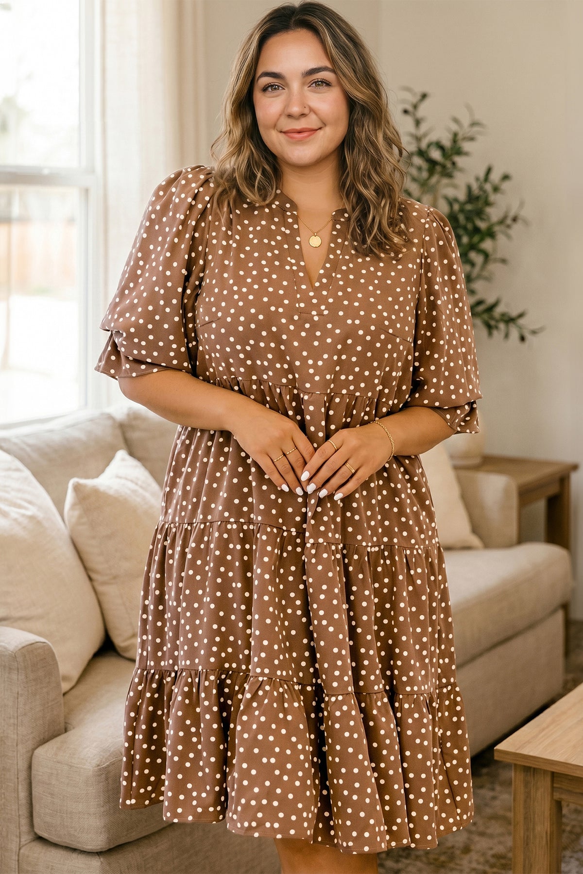 Brown V Neck Polka Dot Long Sleeve Shift Plus Size Dress Online Only