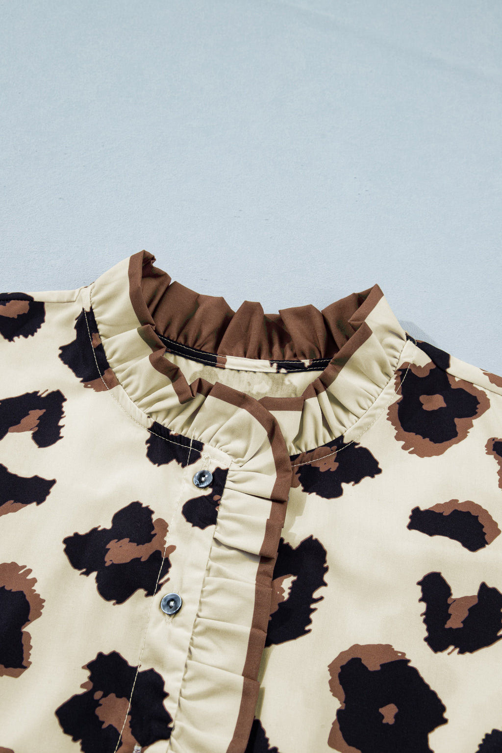 Khaki Plus Size Leopard Print Frilled Color Block Trim Button Down Short Sleeve Blouse Online Only