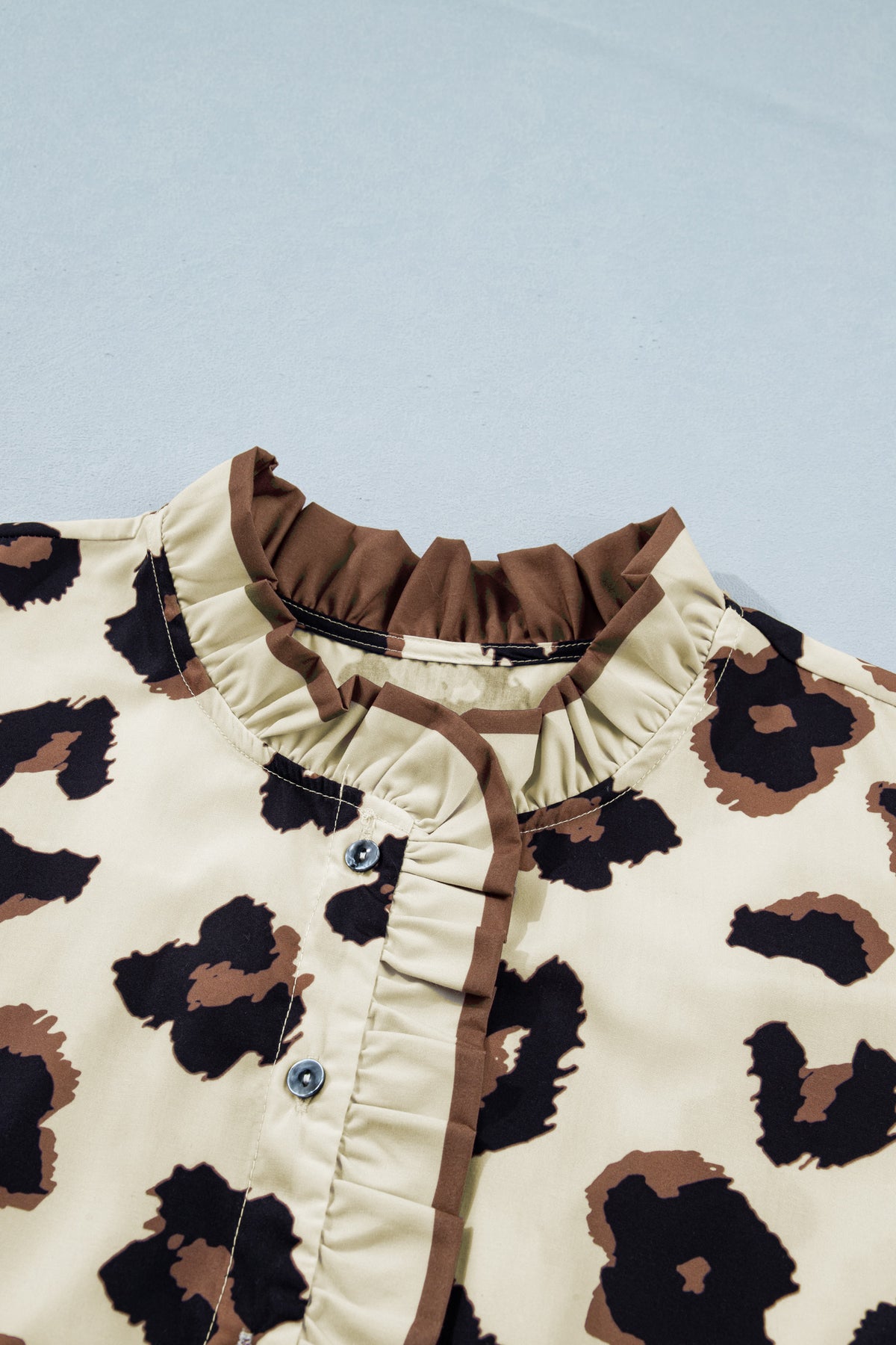 Khaki Plus Size Leopard Print Frilled Color Block Trim Button Down Short Sleeve Blouse Online Only