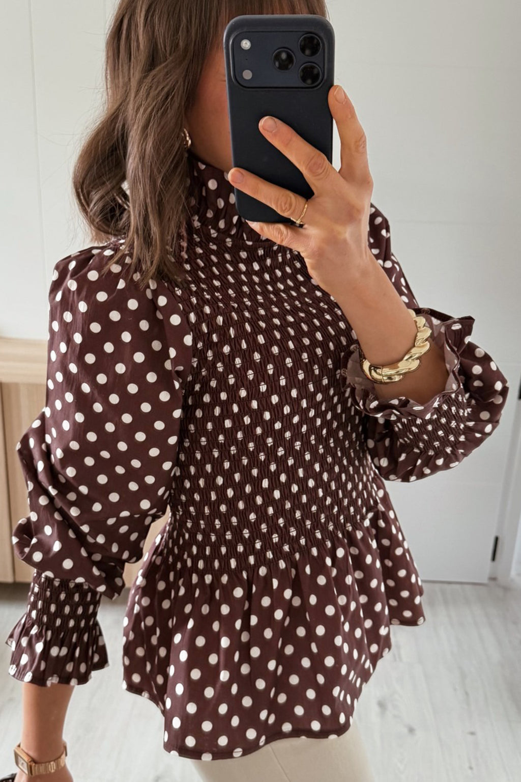 Brown Polka Dot Ruffled High Neck Shirred Ruffle Hem Blouse Online Only