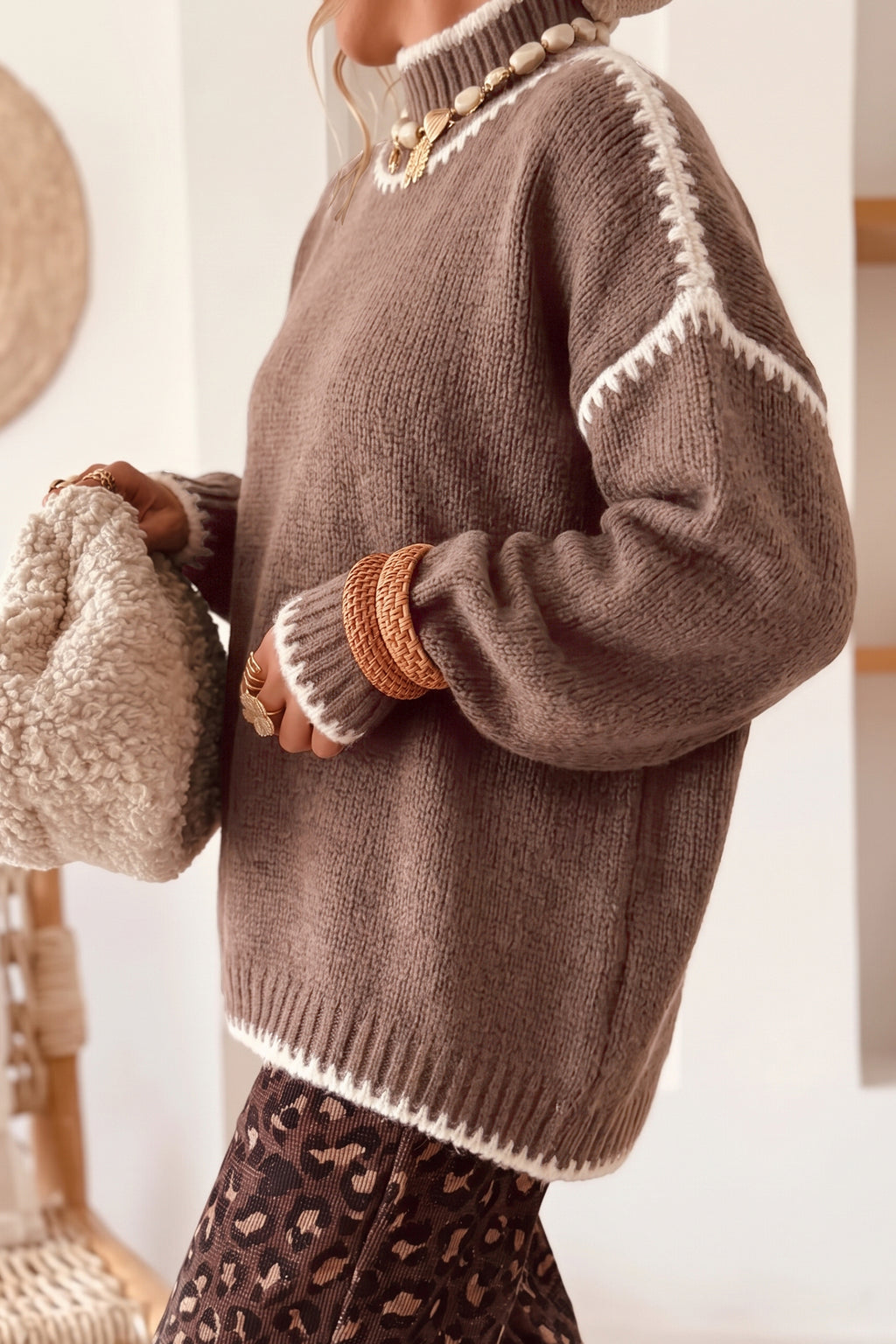 Coffee Contrast Trim Mock Neck Drop Shoulder Relaxed Sweater Online Only