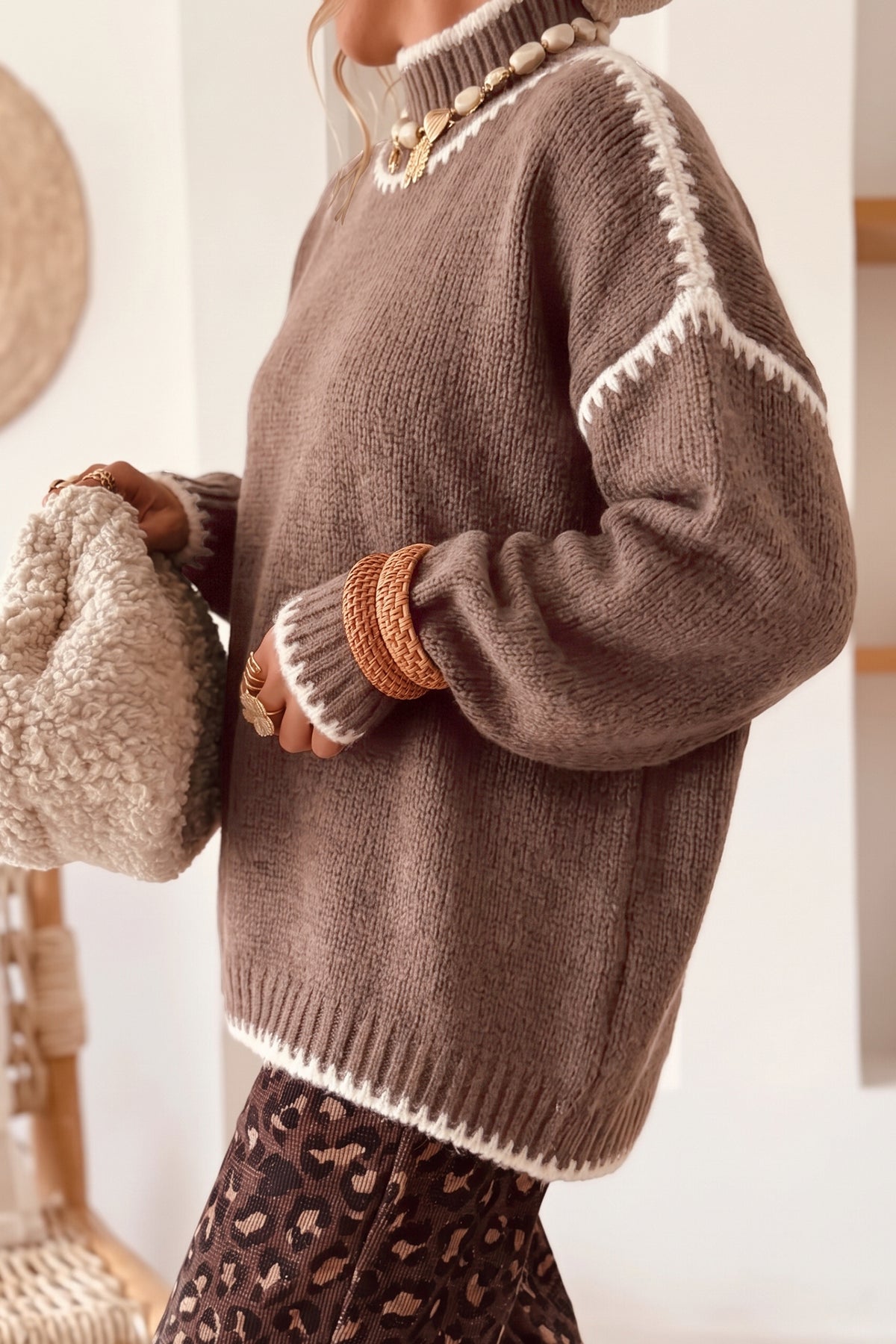 Coffee Contrast Trim Mock Neck Drop Shoulder Relaxed Sweater Online Only
