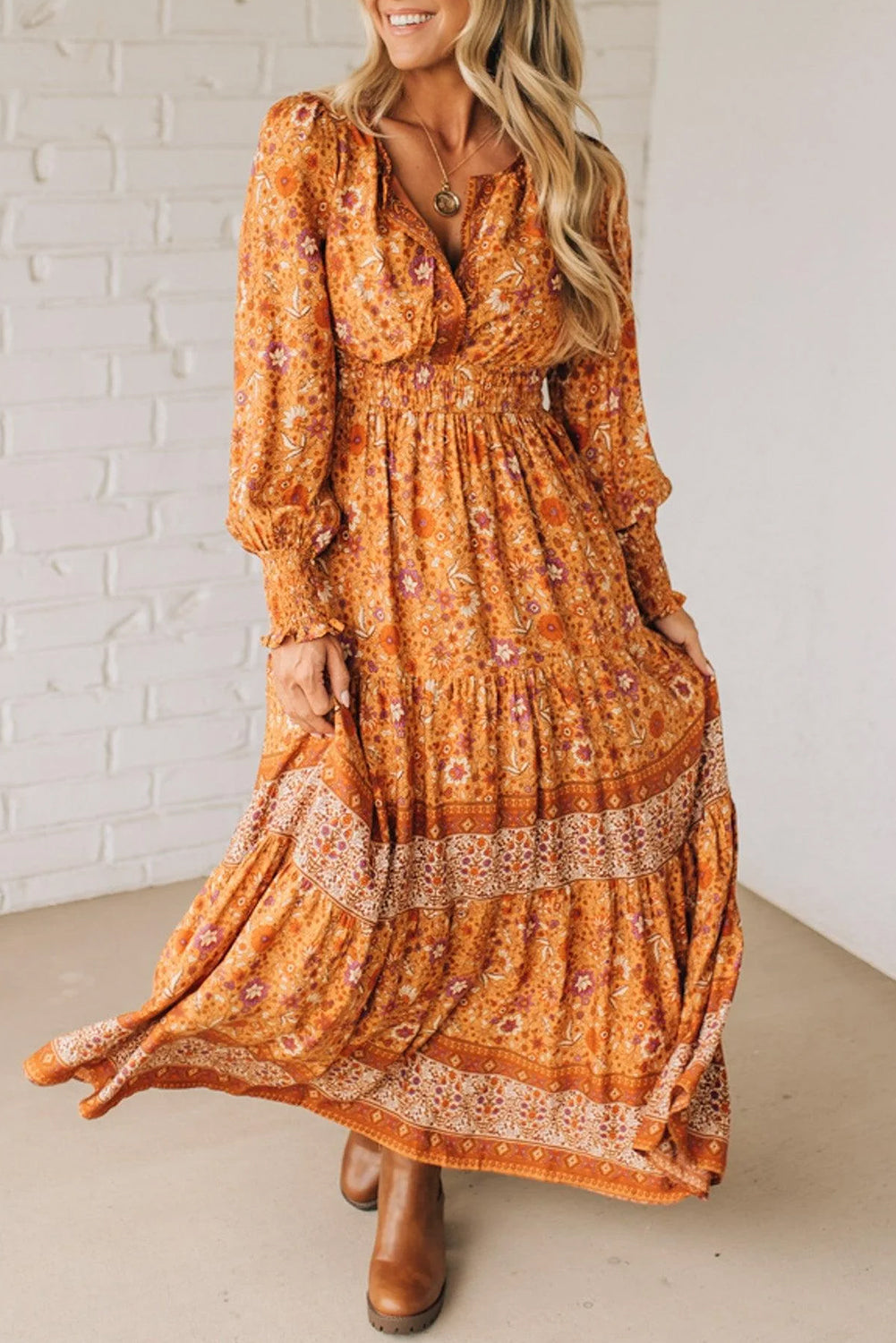 Orange Floral Print Smocked Waist Long Sleeve Boho Maxi Dress Online Only