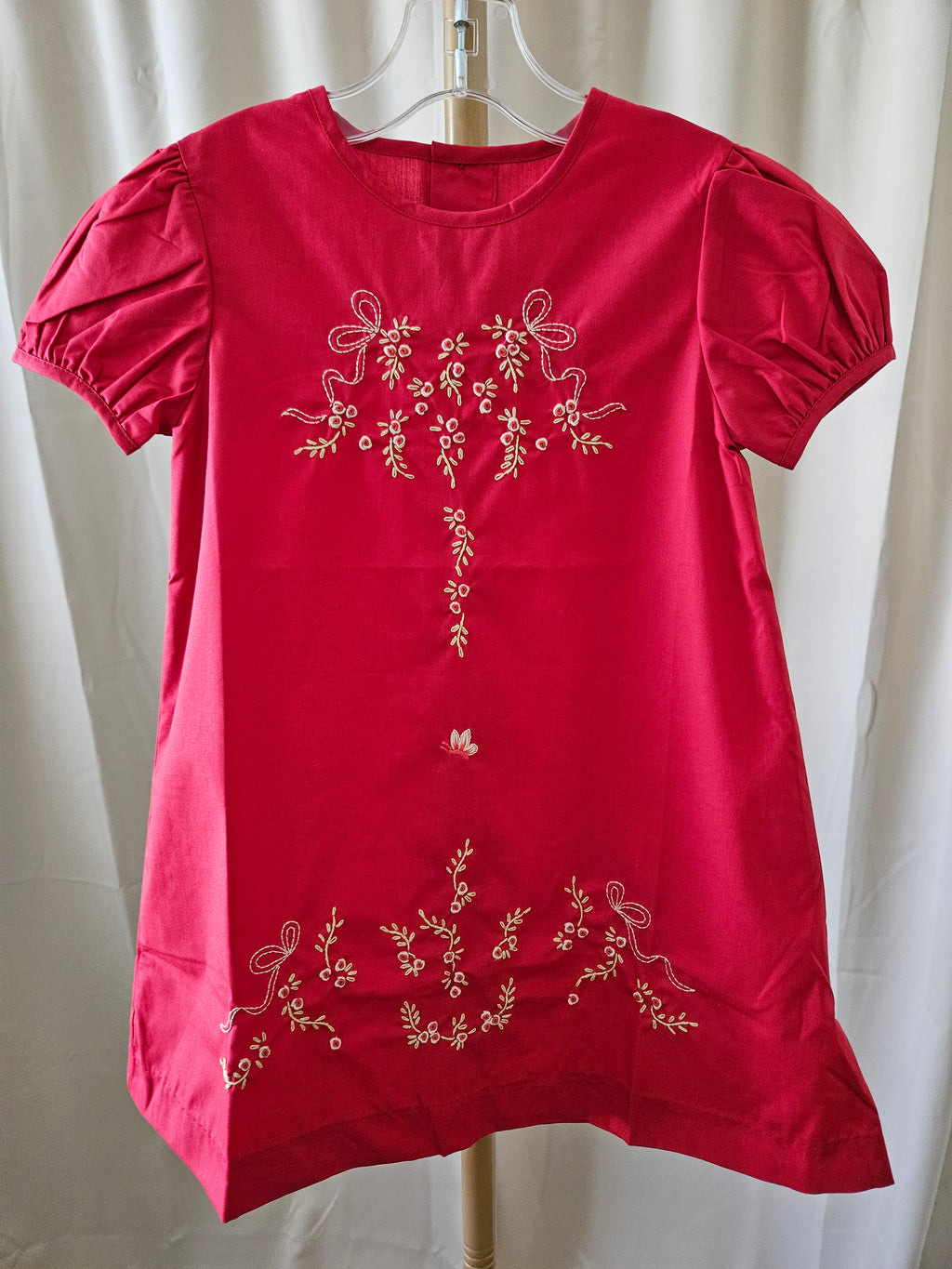Love Me Hand Embroidered Red Heirloom Puff Sleeve A-Line Dress