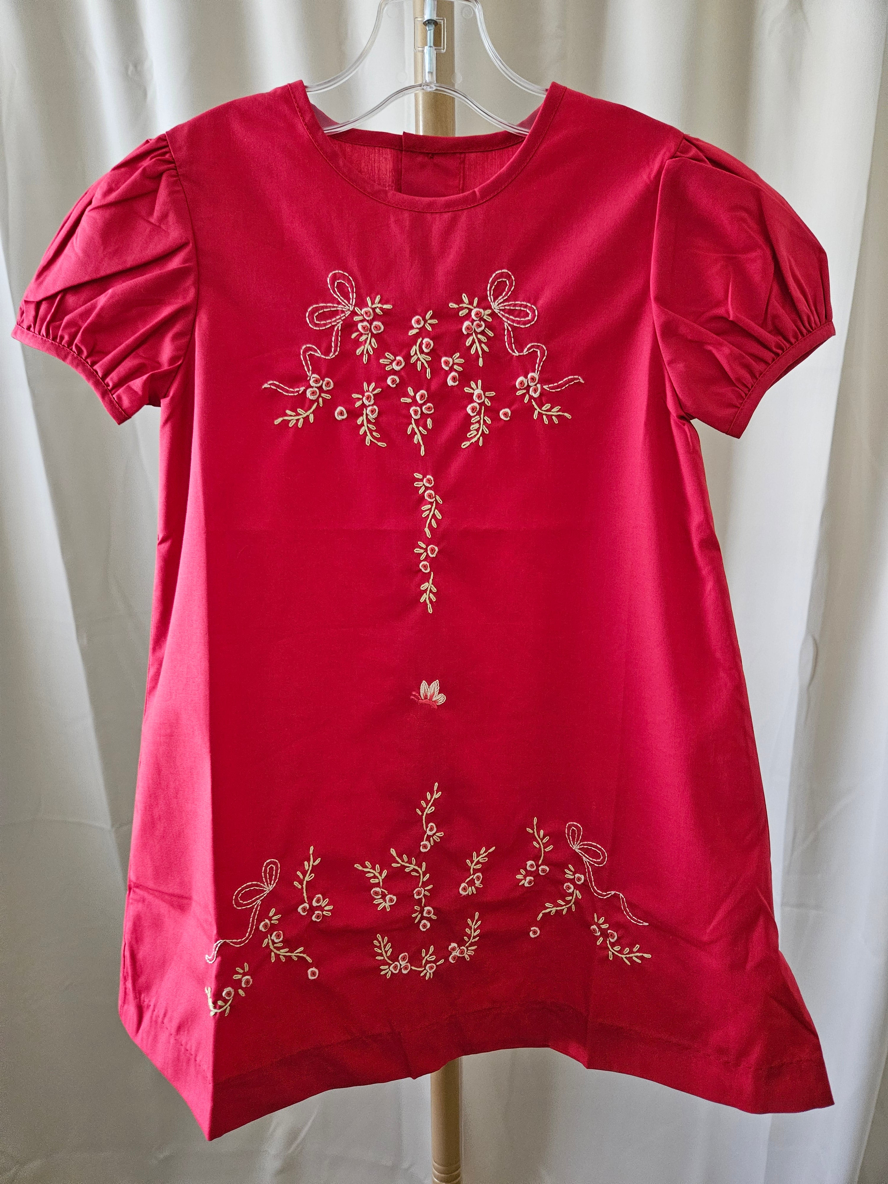 Love Me Hand Embroidered Red Heirloom Puff Sleeve A-Line Dress