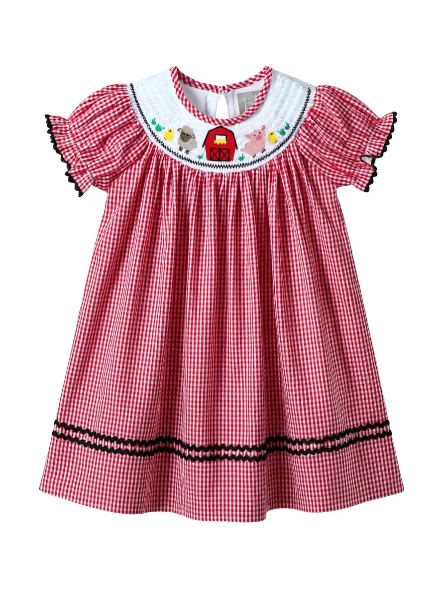 Lil' Cactus Red Gingham Barn Animals Smocked Bishop Dress Sz 3T