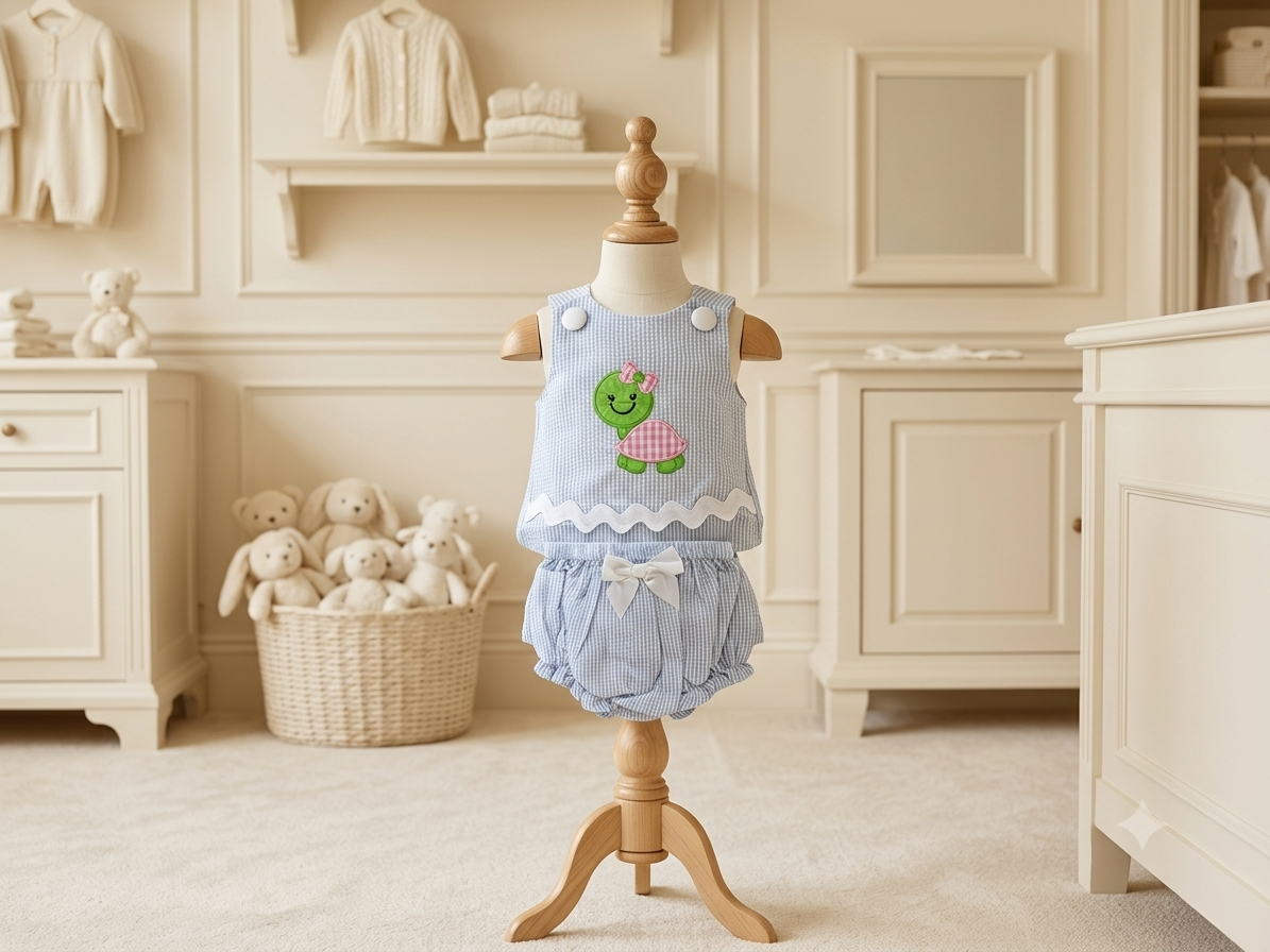 Lil Cactus Blue & White Seersucker Turtle Appliqué 2-Piece Set | Size 6-12M