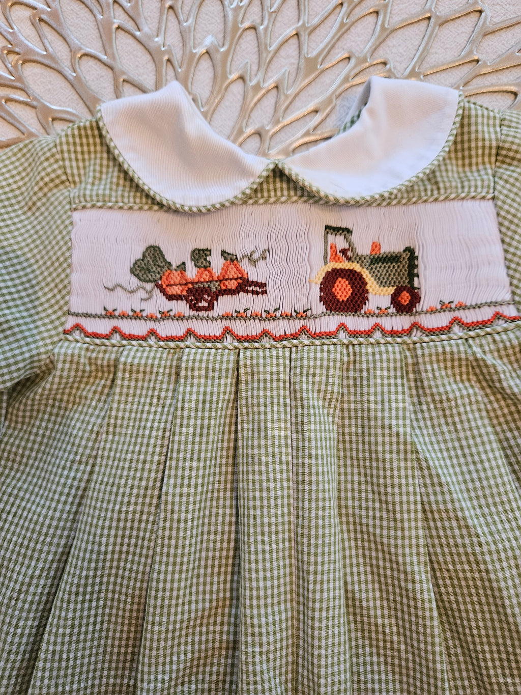 Bow Peep Green Gingham Baby Romper with Tractor & Pumpkin Smocking Sz 3M