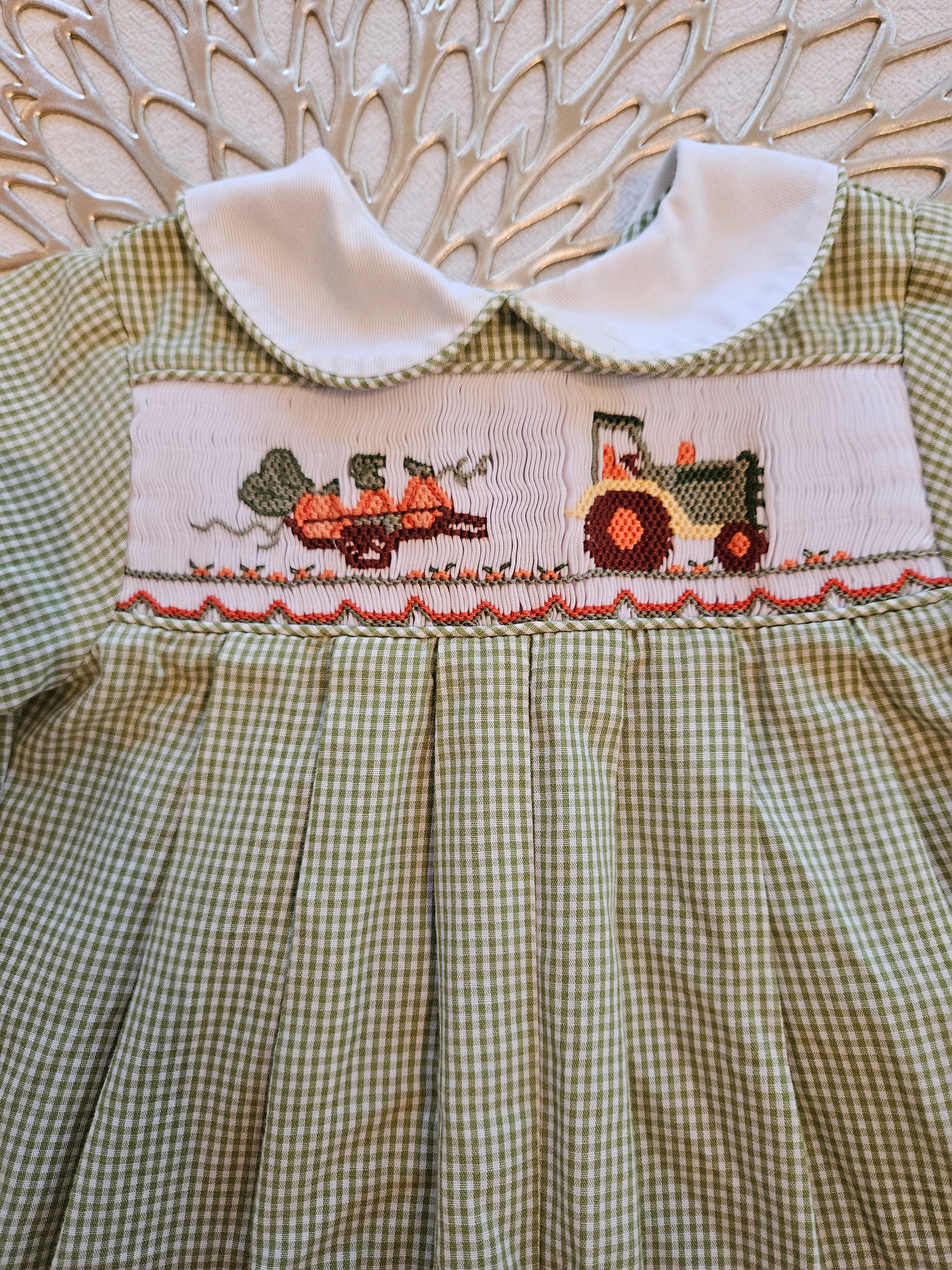Bow Peep Green Gingham Baby Romper with Tractor & Pumpkin Smocking Sz 3M