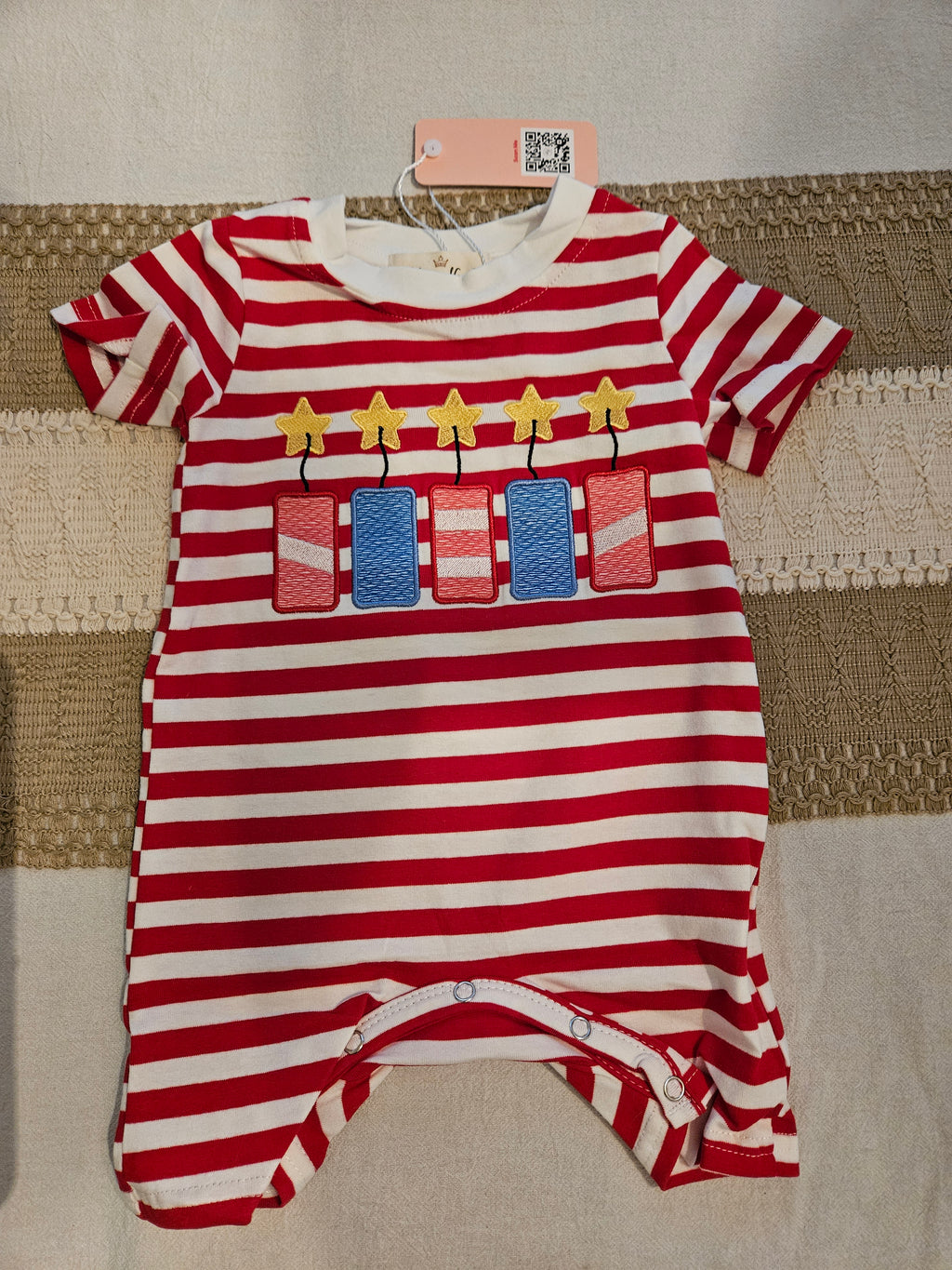 Marie Nicole Embroidered Fireworks Ringer Romper Sz 3-6M