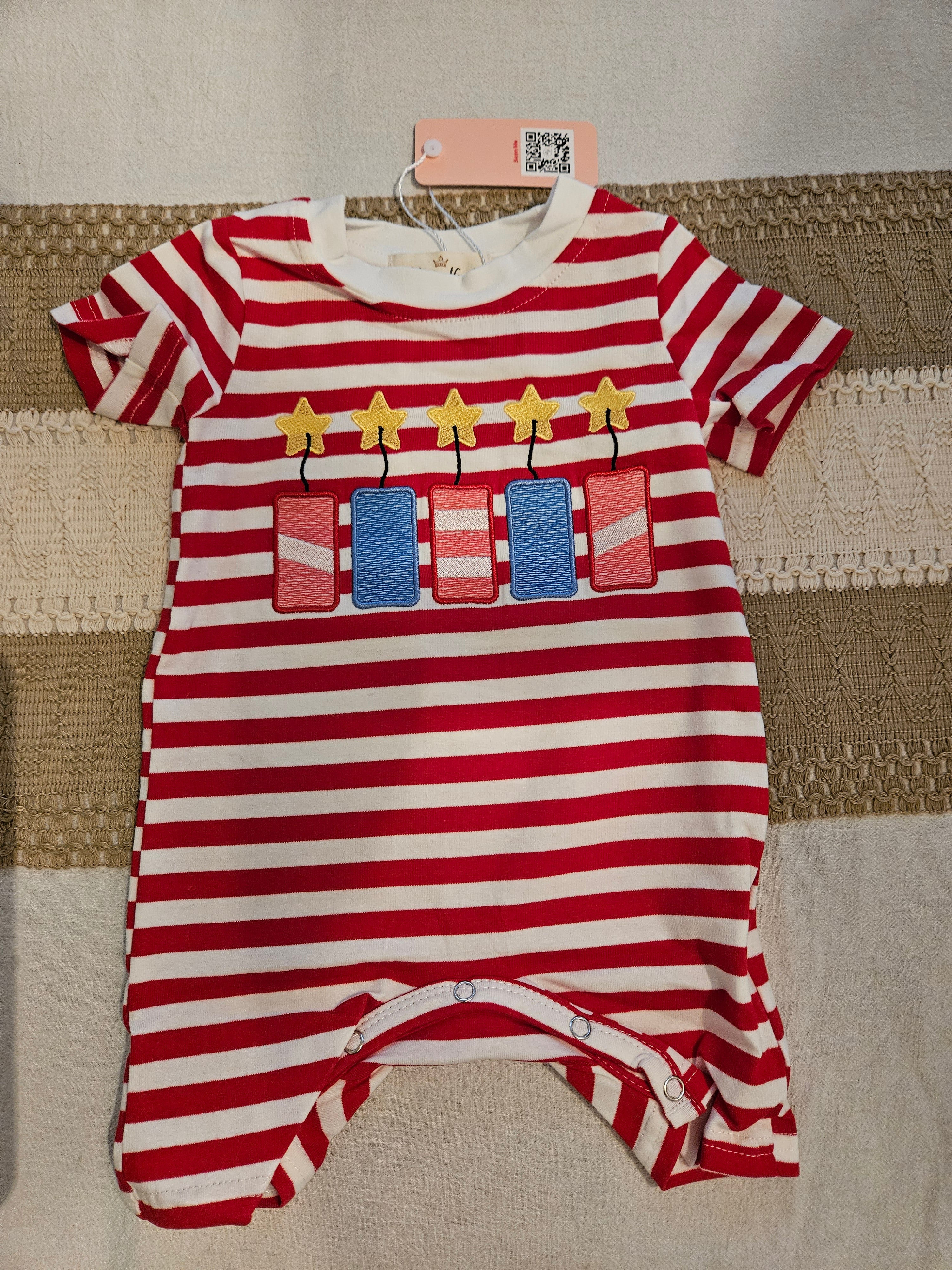 Marie Nicole Embroidered Fireworks Ringer Romper Sz 3-6M