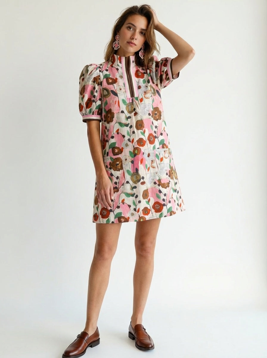 Rosa Clothing Gardenia Floral Print Puffy Sleeve Dress