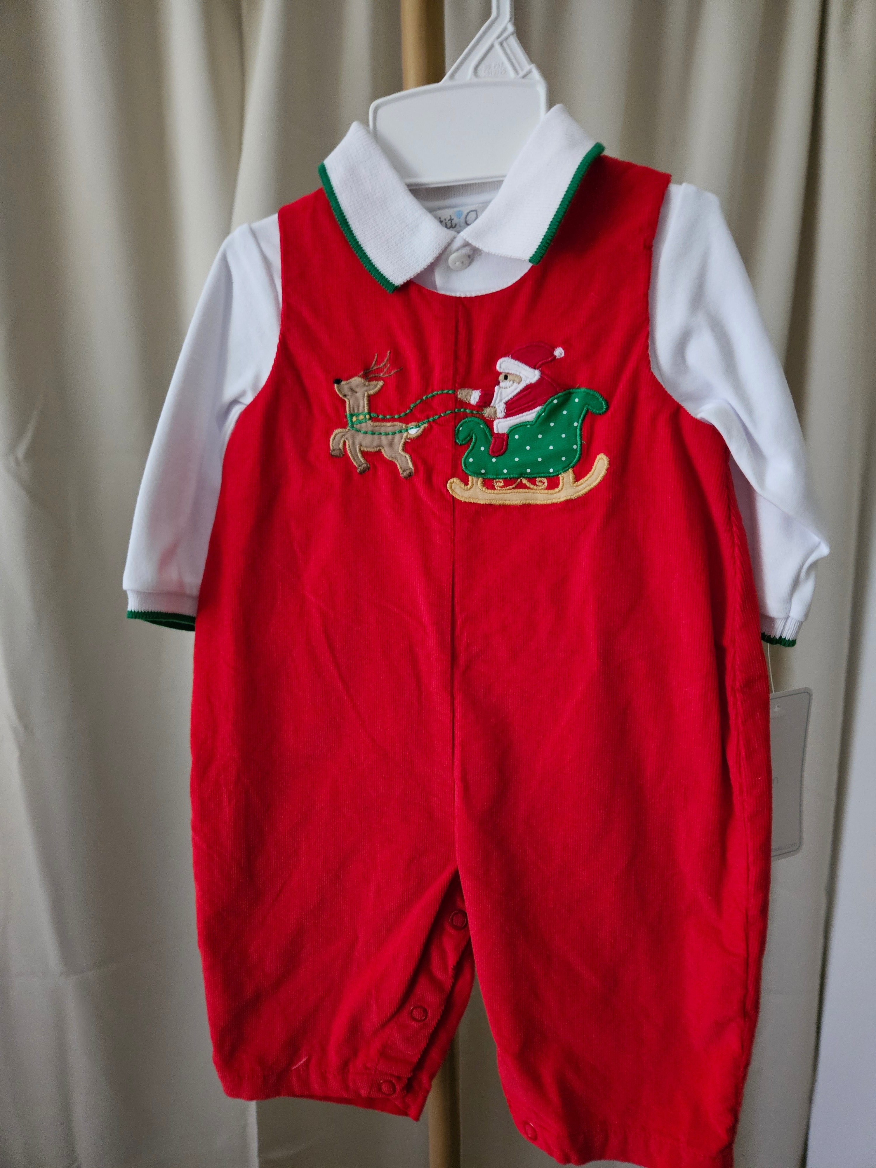 Petit Ami Red Corduroy Santa Sleigh Jon Jon & Shirt Set