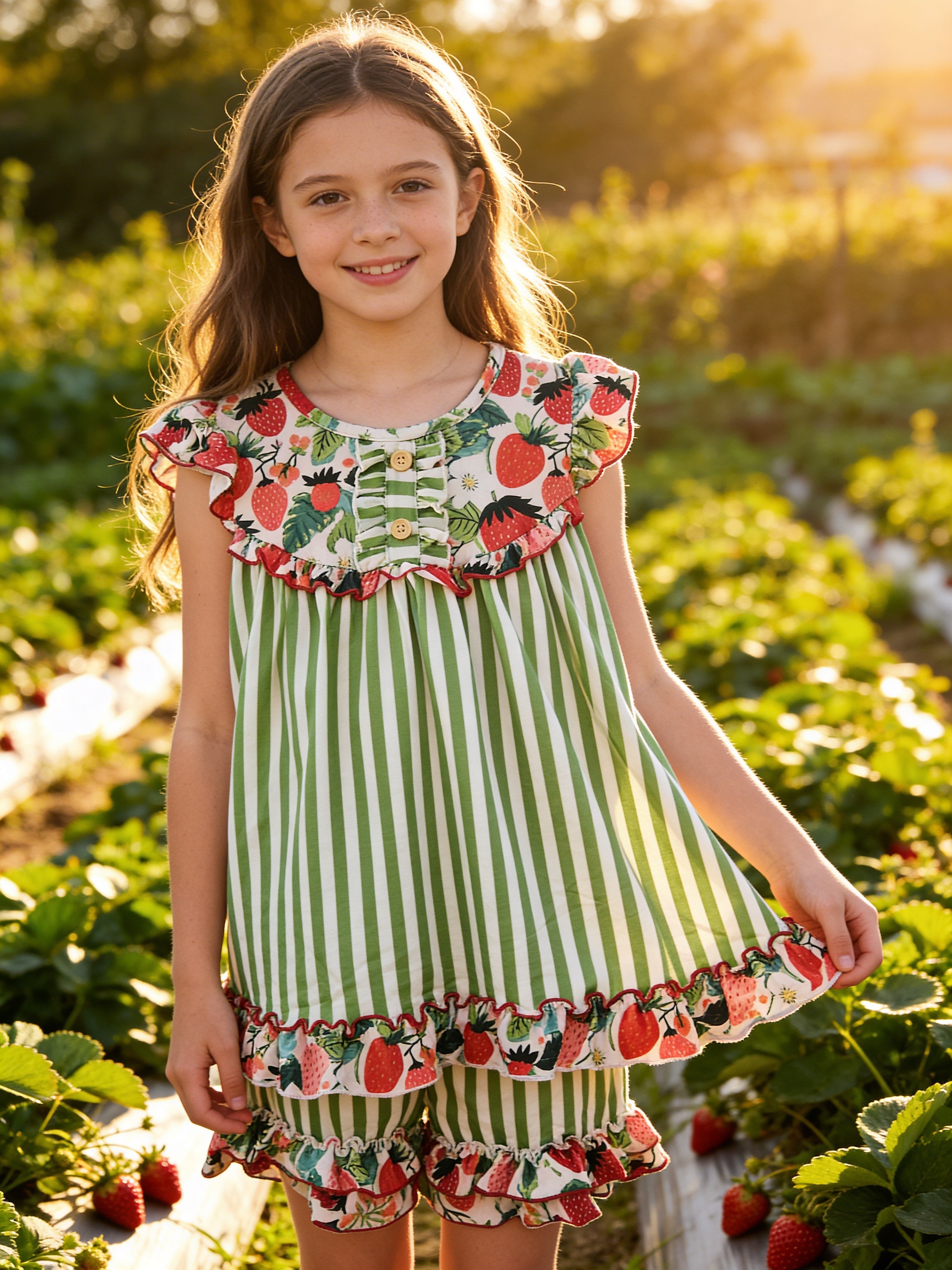 Oopsie Dasiy Lime Strawberry Stripe Ruffle Shorts Set