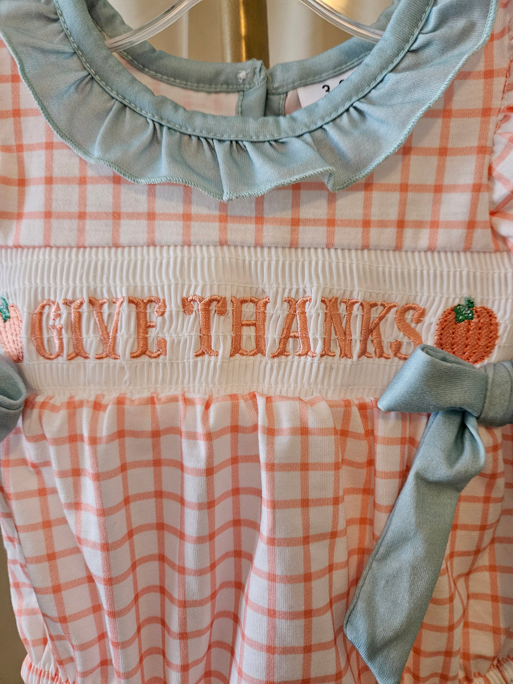 Custom Made Orange & White Plaid Smocked Pumpkin Bubble