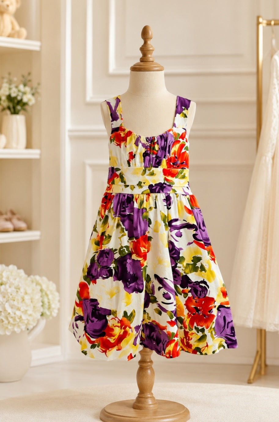 Rare Editions Vibrant Floral Sleeveless Dress with Tulle Skirt & Back Sash | Size 7