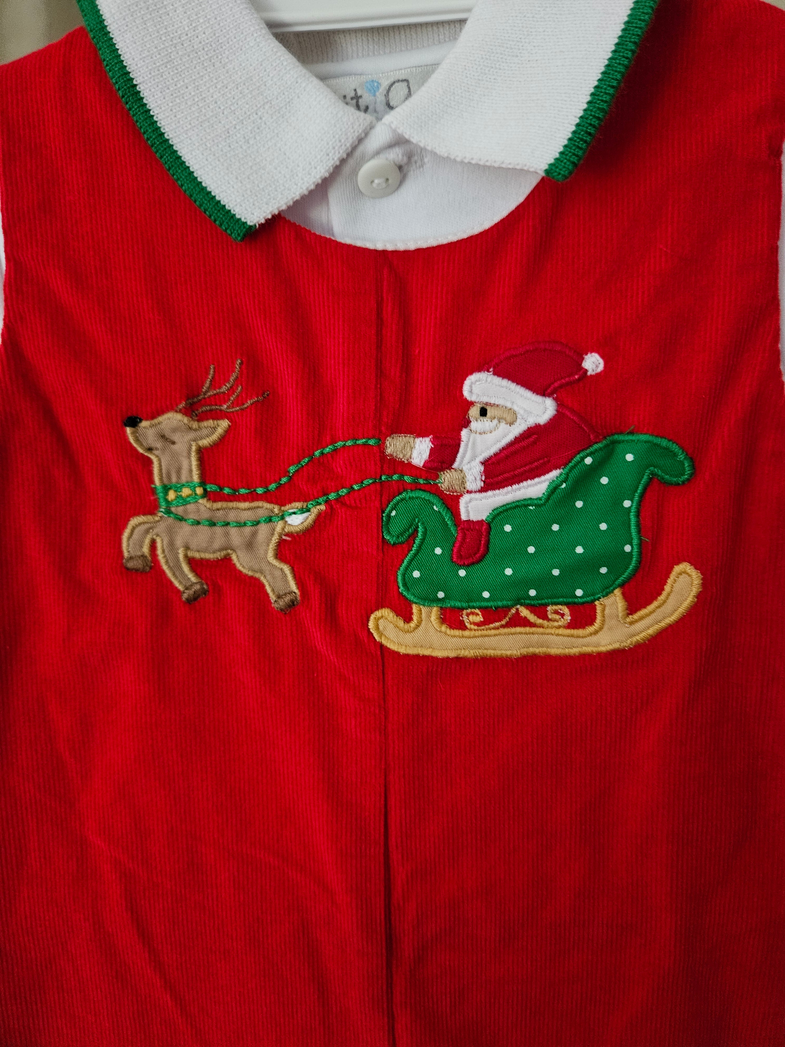 Petit Ami Red Corduroy Santa Sleigh Jon Jon & Shirt Set