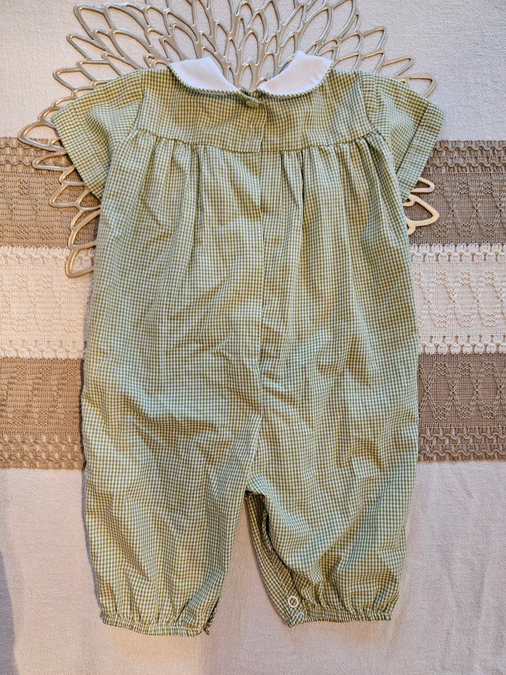 Bow Peep Green Gingham Baby Romper with Tractor & Pumpkin Smocking Sz 3M