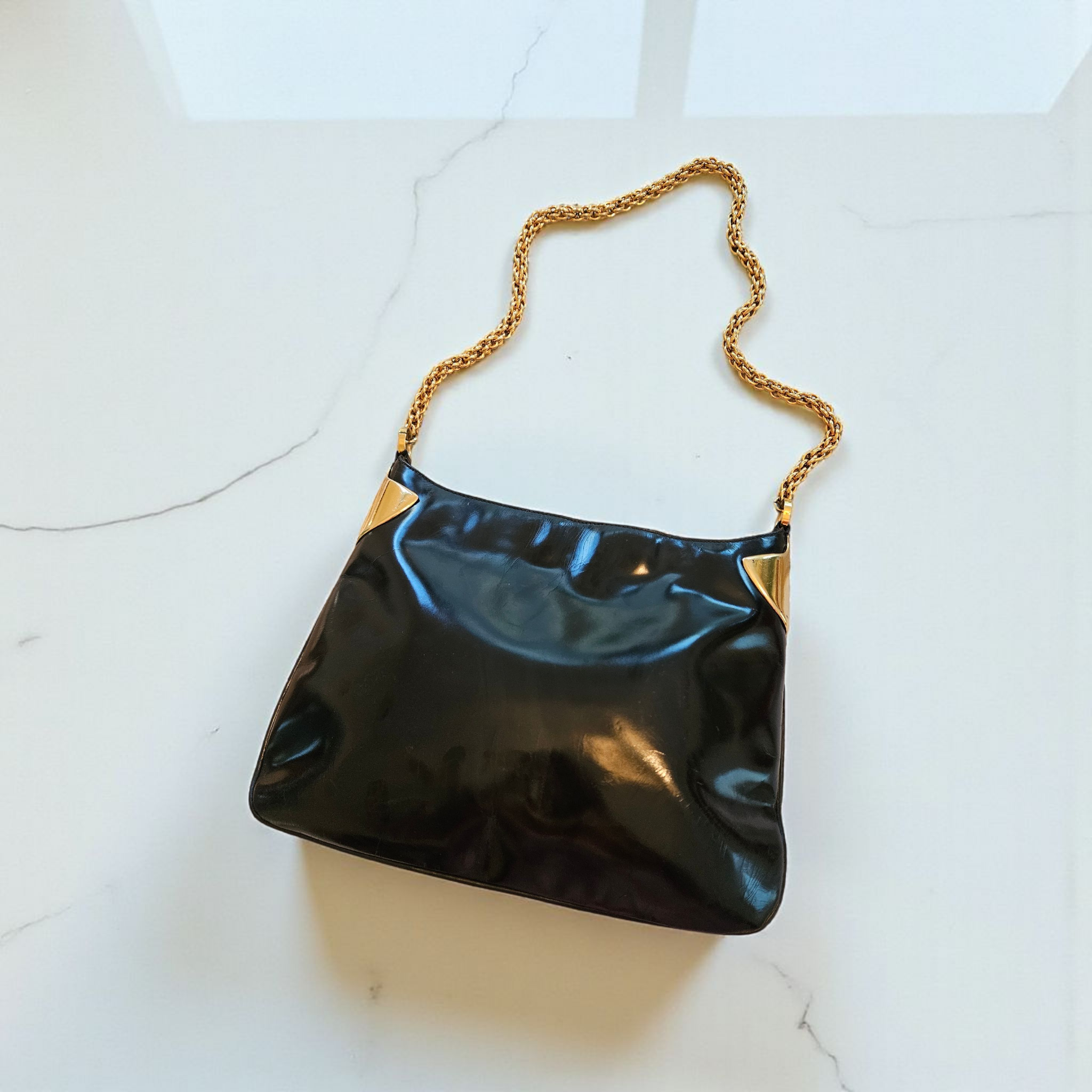 Preloved Vintage Authentic GUCCI 1970's Blk Patent & Gold handbag