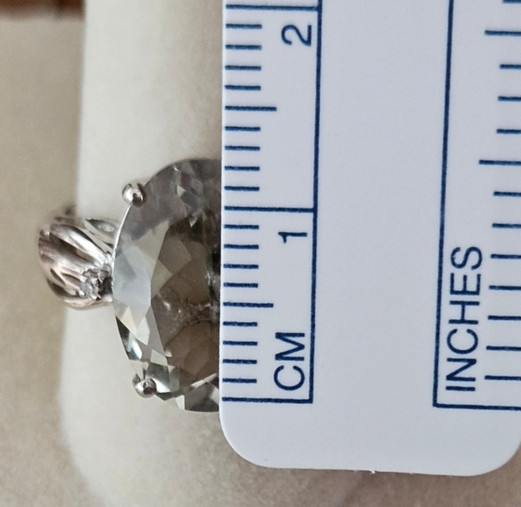 Green Amethyst & Diamond Ring Set In Platinum Over 925 Sterling Sz 8