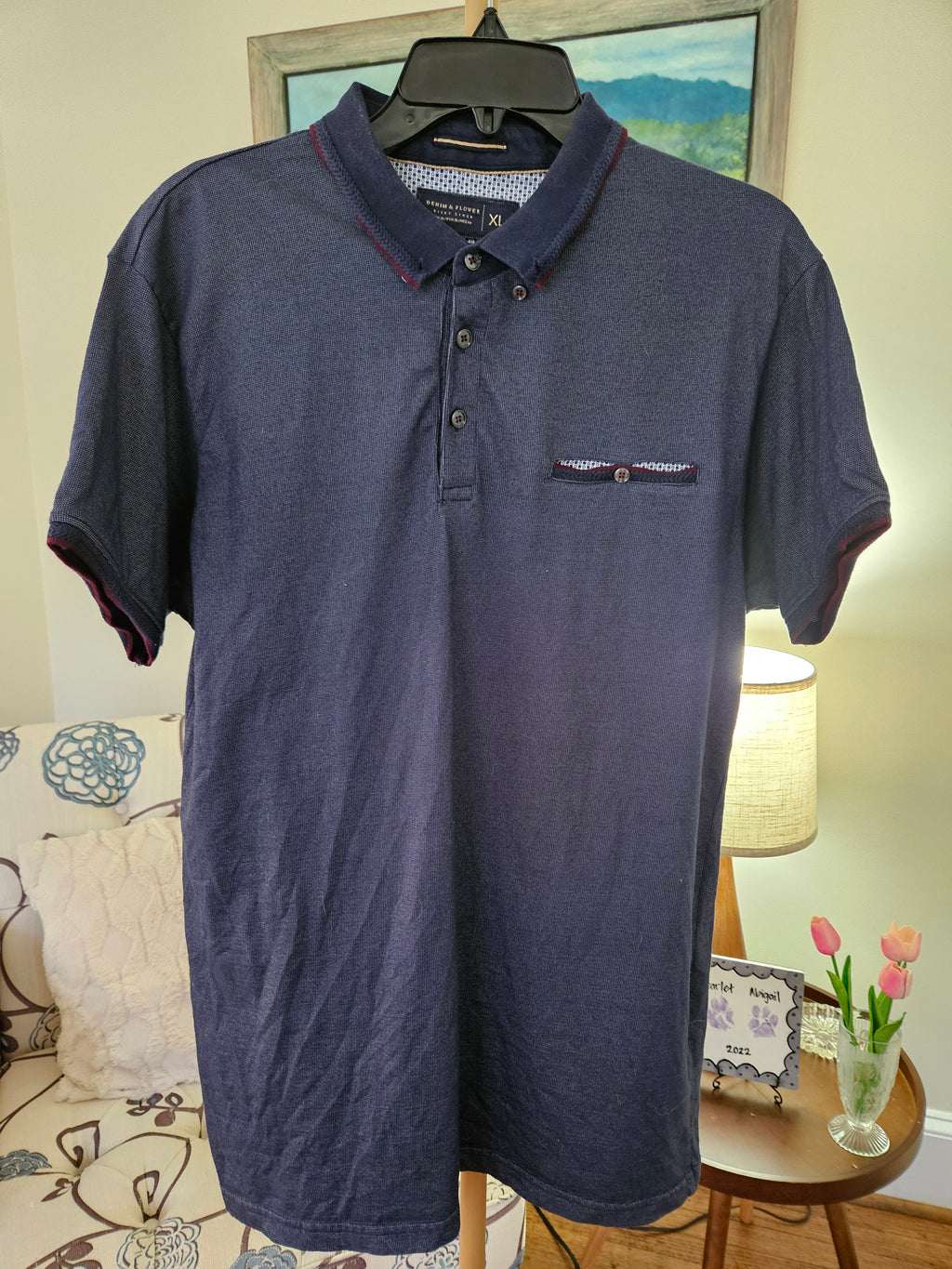 Denim & Flower Navy Blue Polo Shirt Sz XL