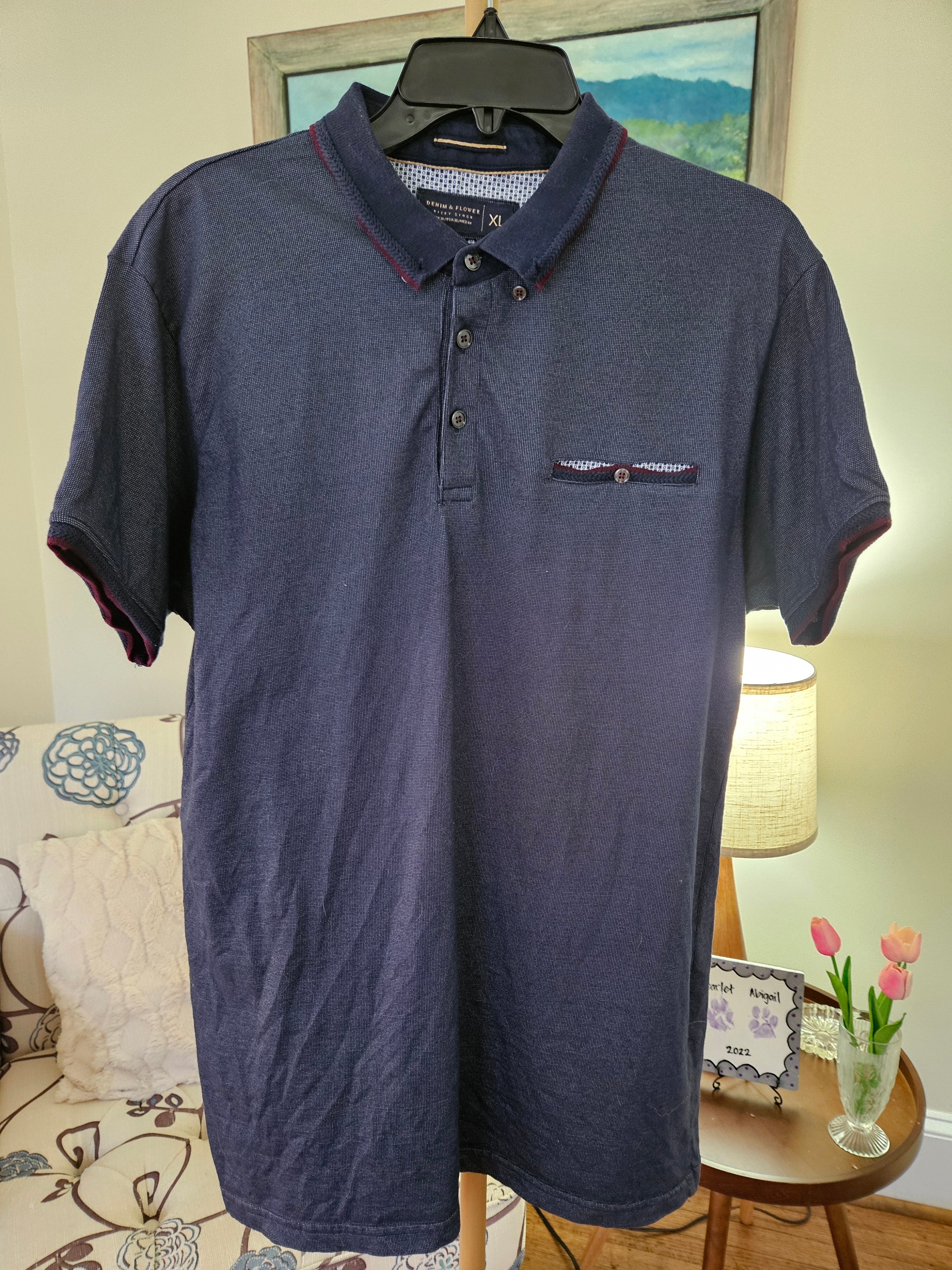 Denim & Flower Navy Blue Polo Shirt Sz XL