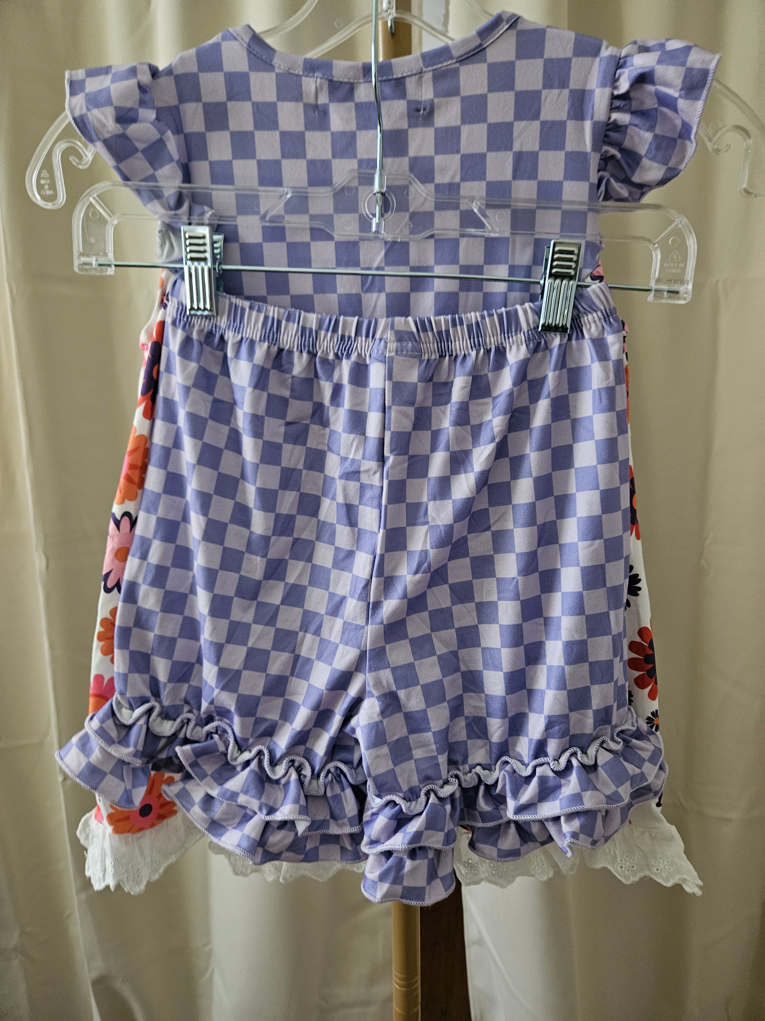 Adorable Sweetness Purple Check Flower Power Shorts Set