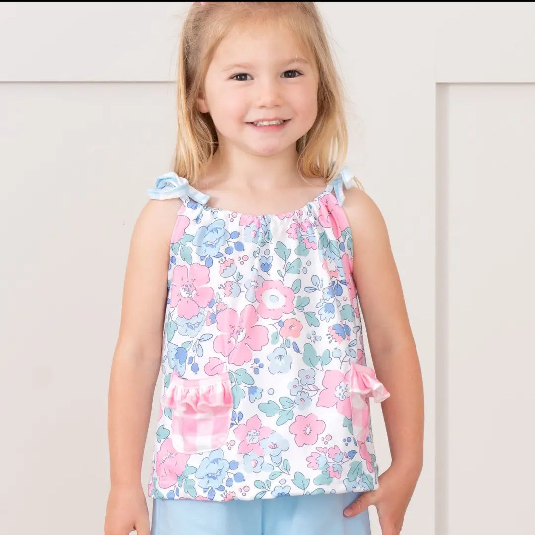 Marie Nicole Pink & Blue Gingham Floral Bloomers Outfit Sz 6-12M