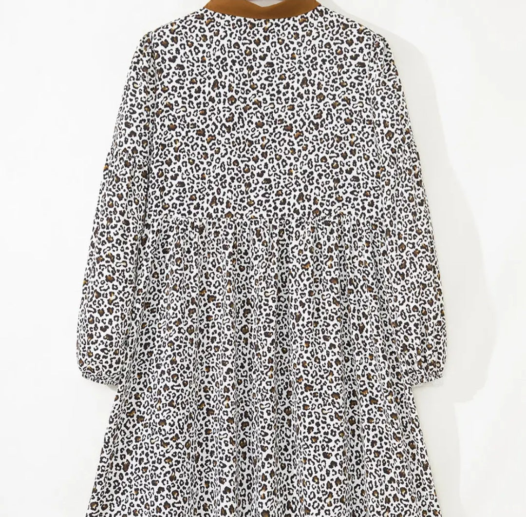 Lovesoft Khaki Button Vneck Leopard Print Puff Sleeve Loose Mini Dress Sz 1X