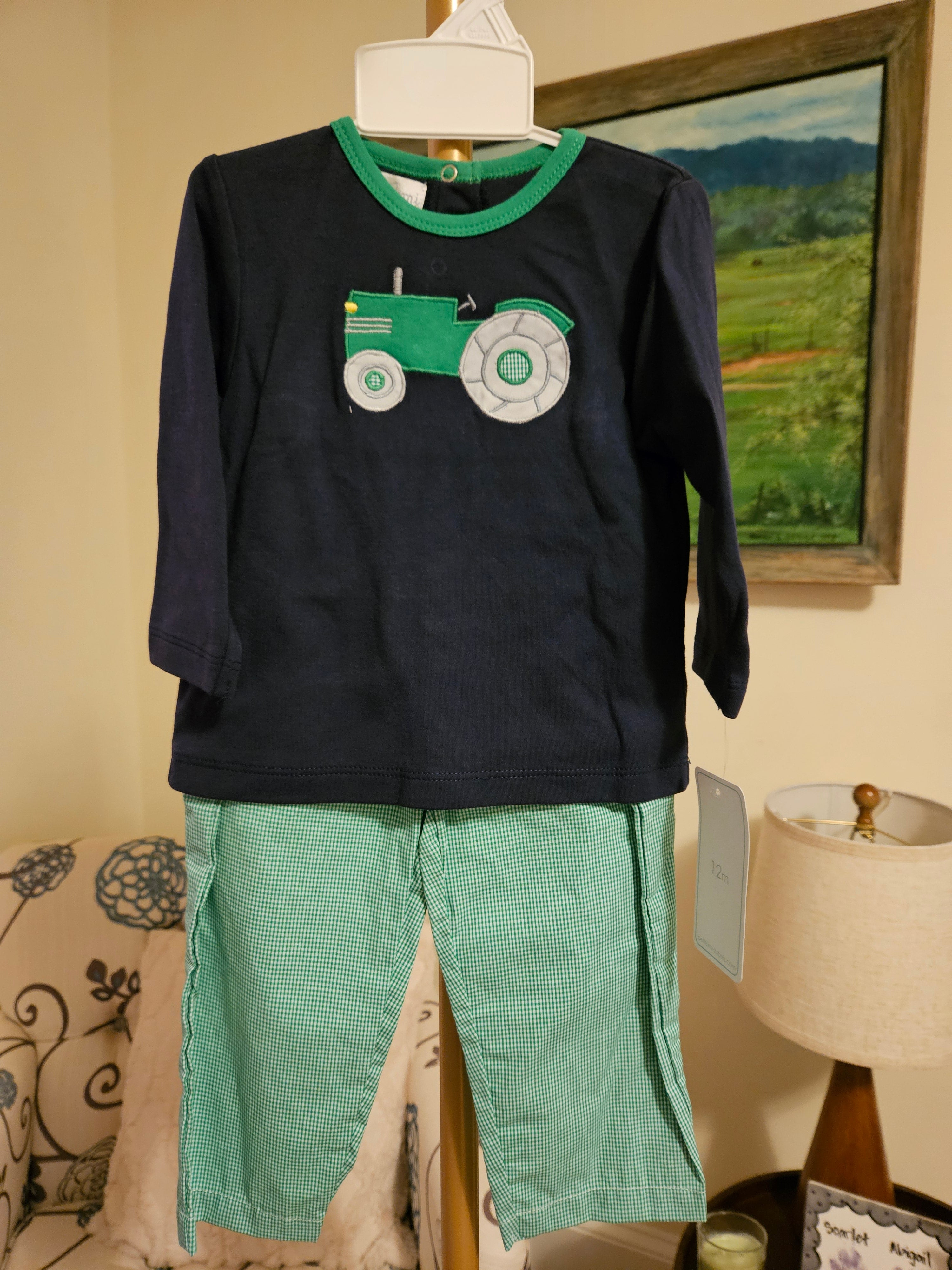Petit Ami Navy and Green Tractor Applique Top & Pant Set