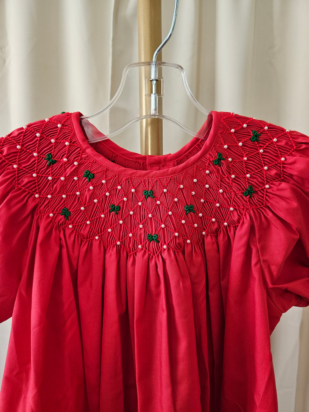 Love Me Red Heirloom Smocked Bishop Dress with Green Bows & Pearls